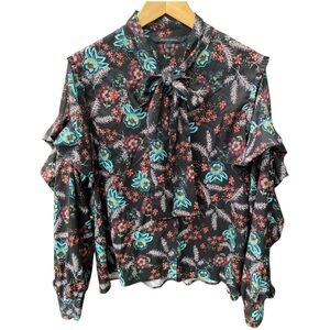 Walter Baker Black Floral Ruffle Necktie Blouse